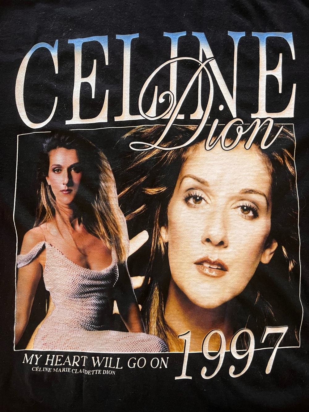 Celine Dion My Heart Will Go On Graphic Tee - Black with Cream & Blue Print